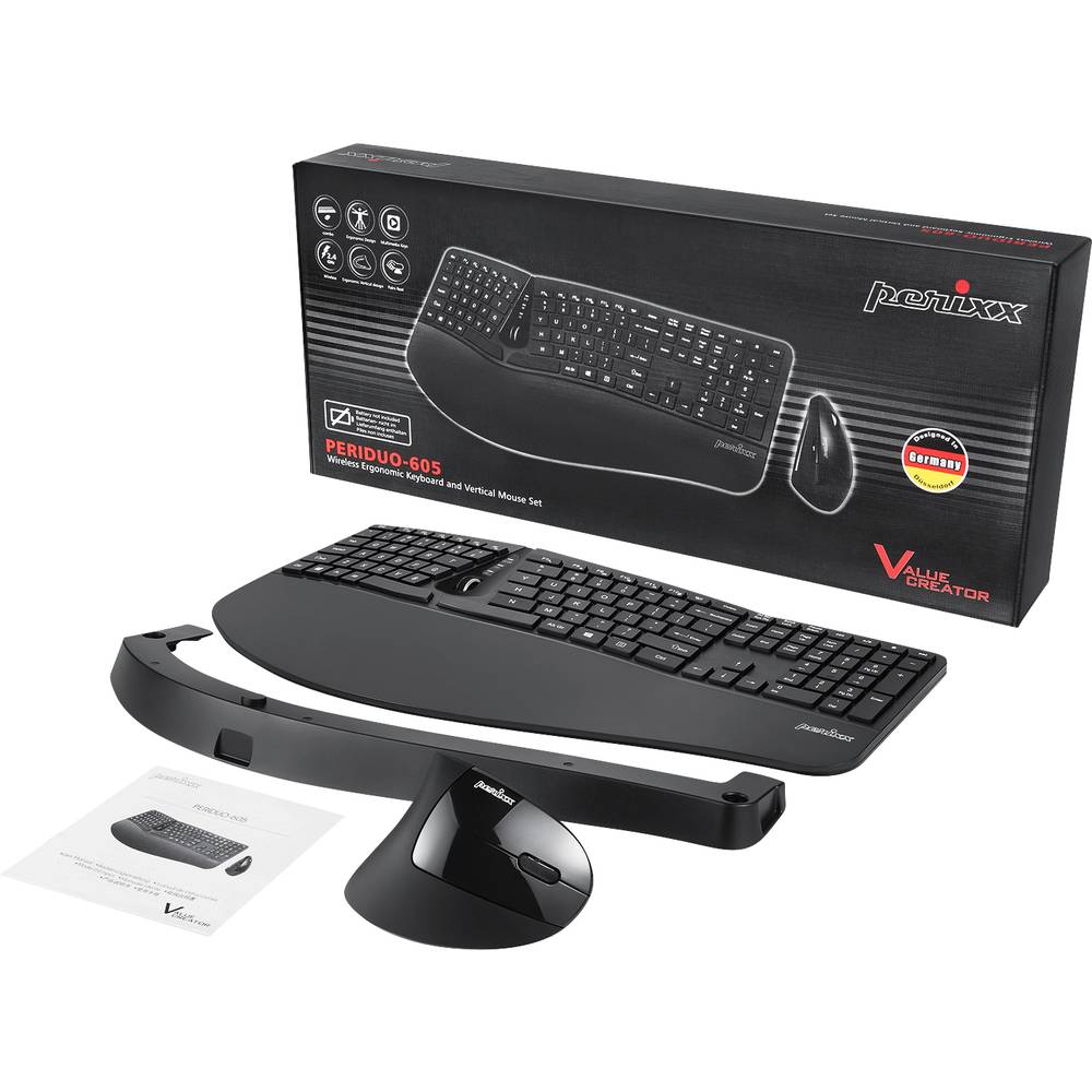 Image of Perixx PERIDUO-605BDE Radio Keyboard and mouse set German QWERTZ Black Ergonomic Multimedia buttons Gel wrist support