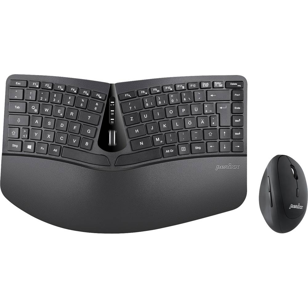 Image of Perixx PERIDUO-606BDE Radio Keyboard and mouse set German QWERTZ Black Ergonomic Multimedia buttons Gel wrist support