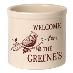 Image of Personalized Perched Cardinal Welcome 2 Gallon Stoneware Crock