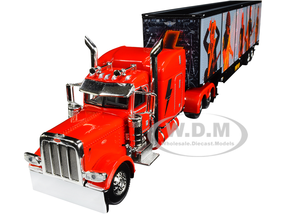 Image of Peterbilt 389 63" Mid-Roof Sleeper Cab Viper Red with Kentucky Moving Trailer "AC/DC Power Up" 1/64 Diecast Model by DCP/First Gear