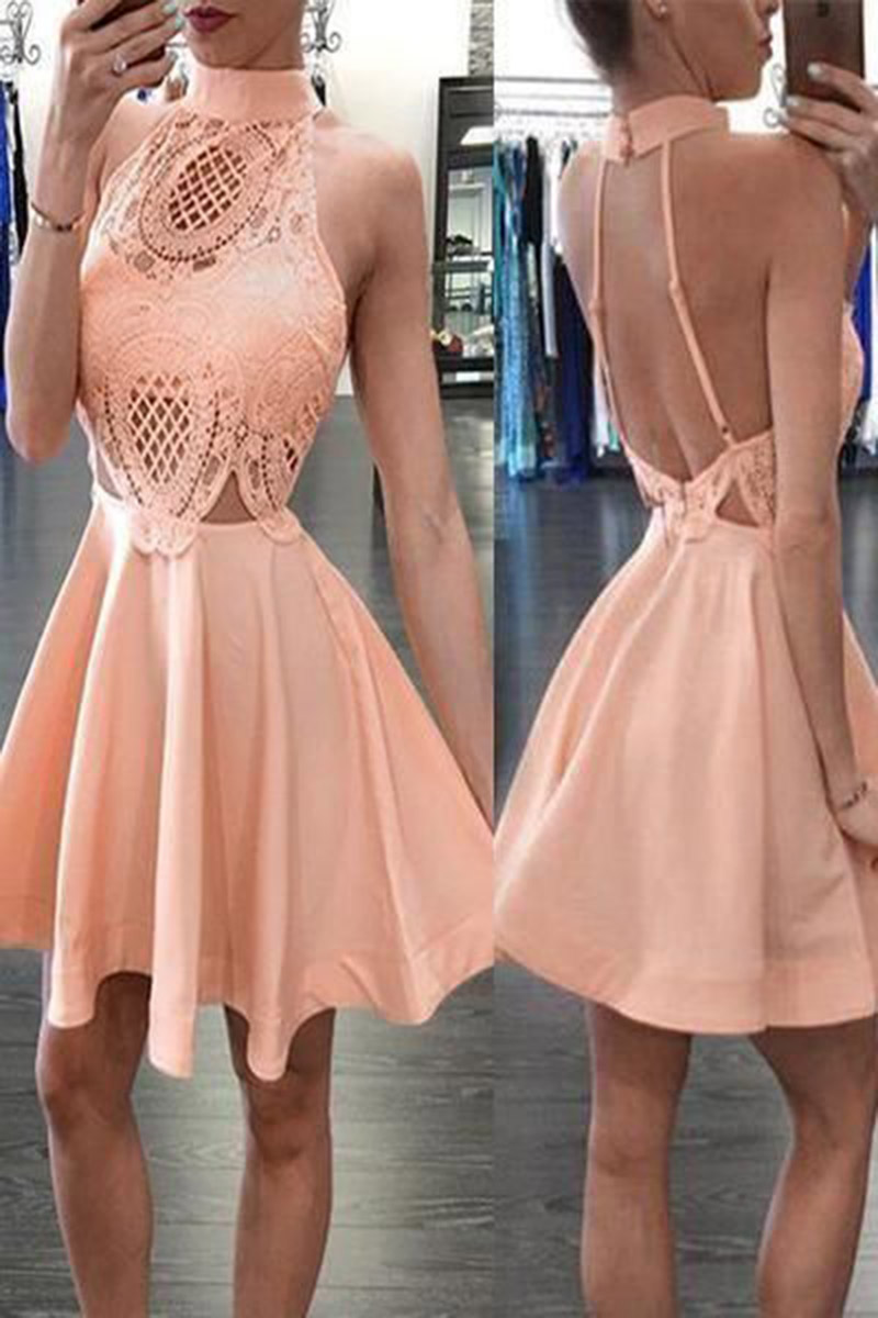 Image of Pink Lace High Neck Prom Homecoming Dresses for Juniors Sexy Backless Mini Cocktail Party Dress Short A Line
