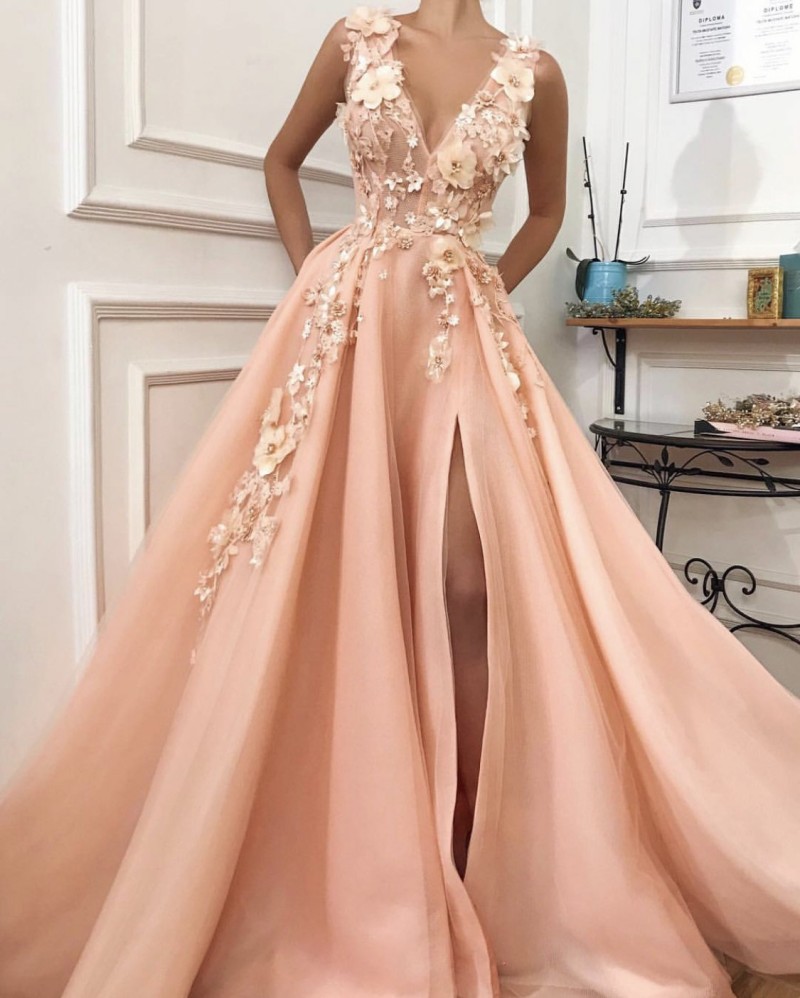 Image of Pink Prom Dress Long V-Neck Appliques Homecoming Flowers Handmade Side Split Tulle Formal Evening Gowns Girl Party