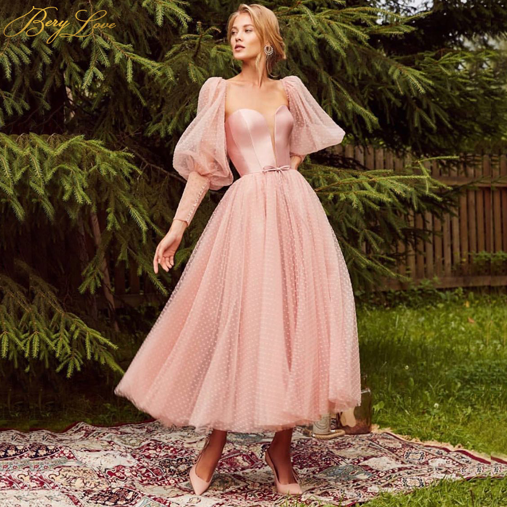 Image of Pink Puffy Prom Graduation Dresses Dot Tulle A Line Elegant Party Tunic Corset Sleeves Long Gown Evening Dress Plus Size