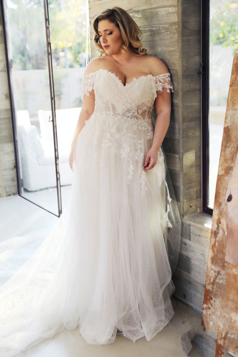 Image of Plus Size A Line Boho Wedding Dresses Beach Bridal Gowns 2021 V Neck Appliques Lace Off the Shoulder Bride Dress Custom Made RoBe De Mariage