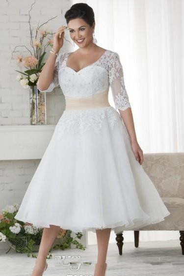 Image of Plus Size Wedding Dresses Short Half Sleeves Gowns White Lace Covered Button Beach Tea Length A Line