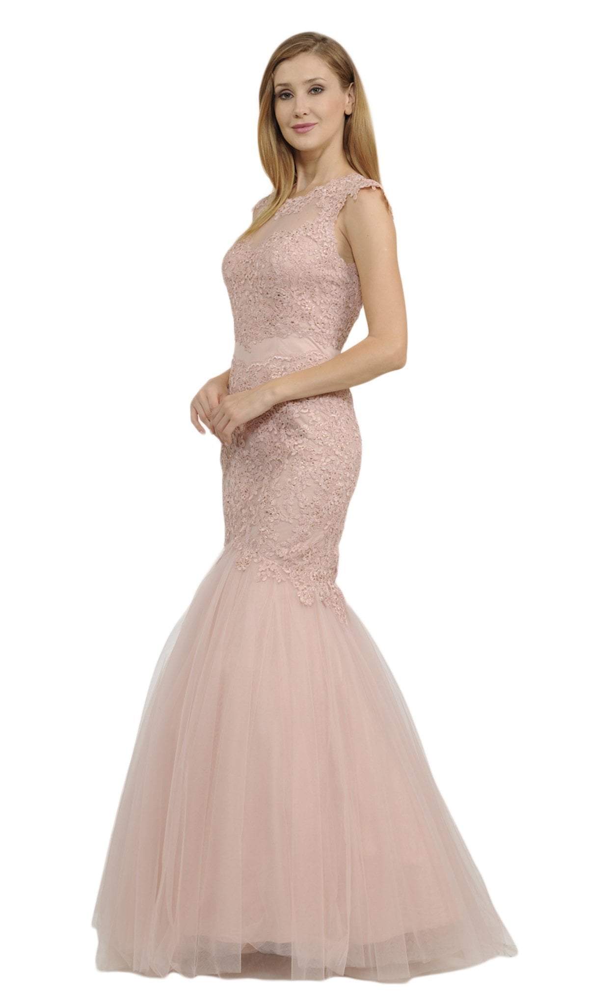 Image of Poly USA - 8226 Cap Sleeve Appliqued Illusion Cutout Mermaid Gown