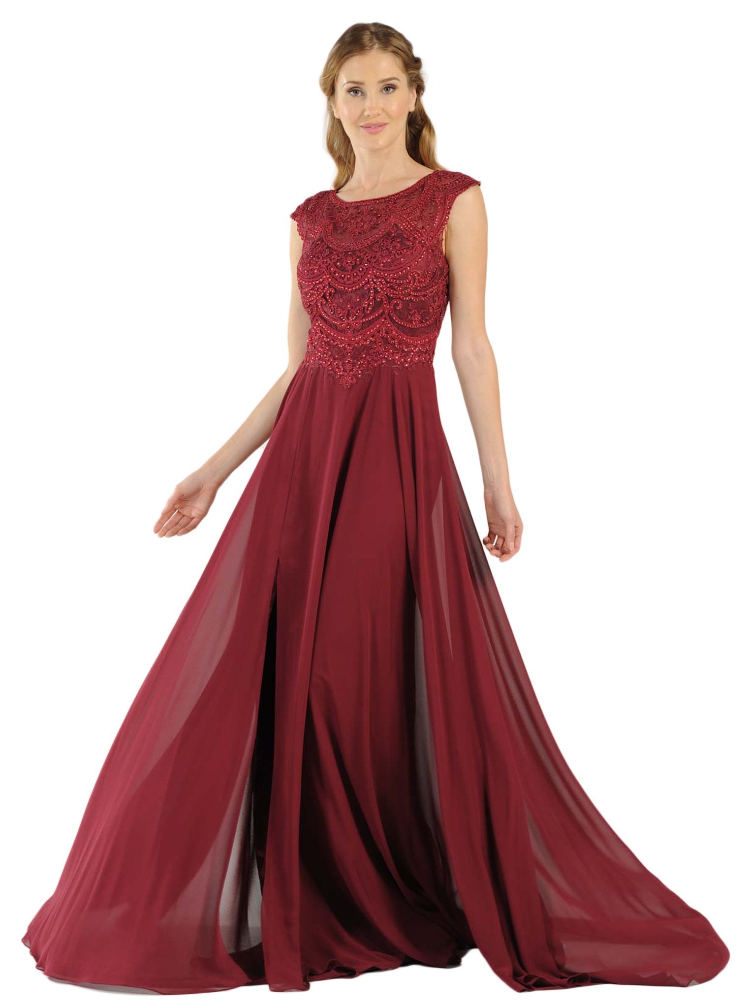 Image of Poly USA - 8254 Cap Sleeve Embroidered Illusion Chiffon Gown