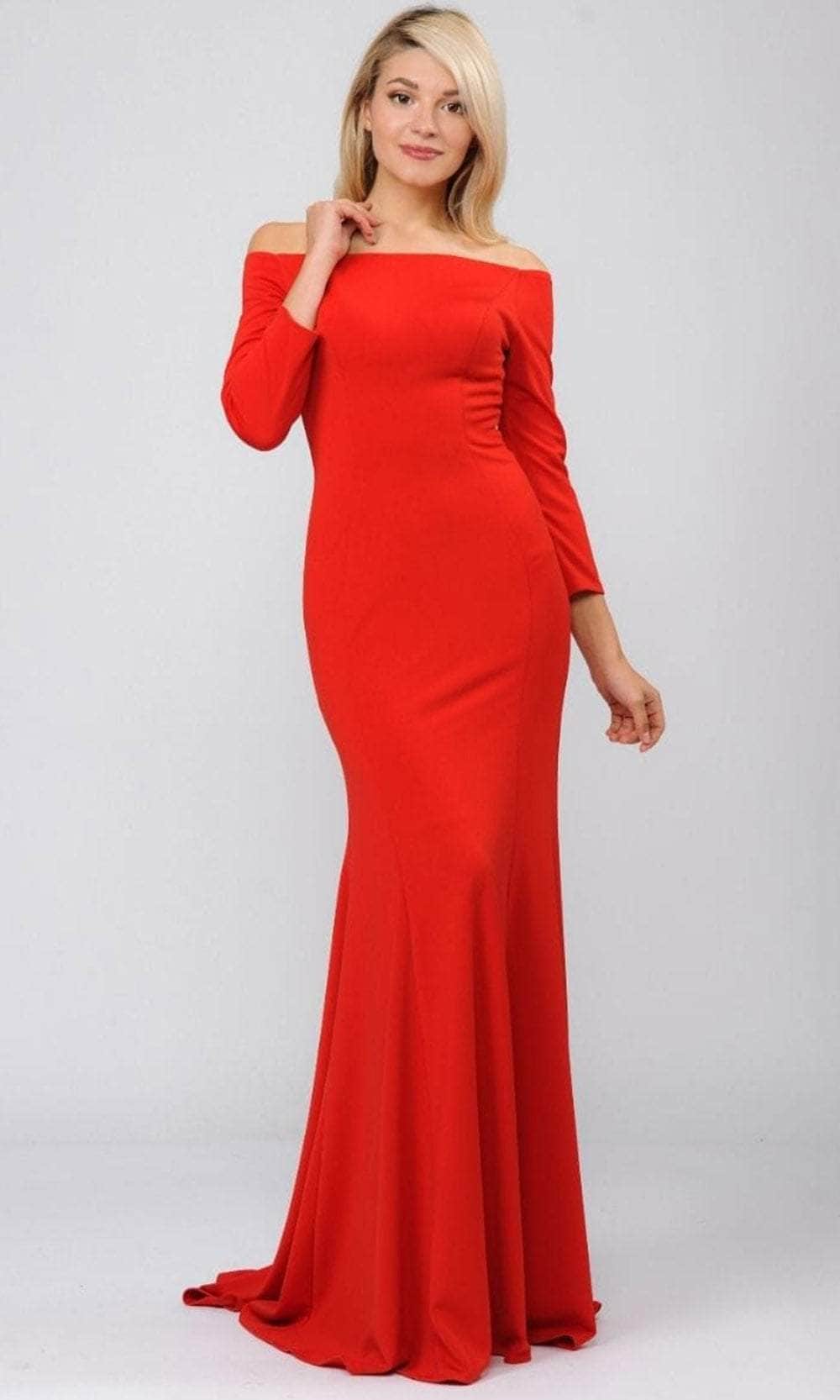 Image of Poly USA 8378 - Off-The-Shoulder Long Sleeve Fitted Gown