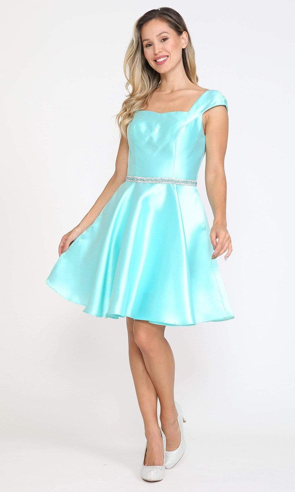 Image of Poly USA - 8416 Cap Sleeve Embellished Waist Short Dress