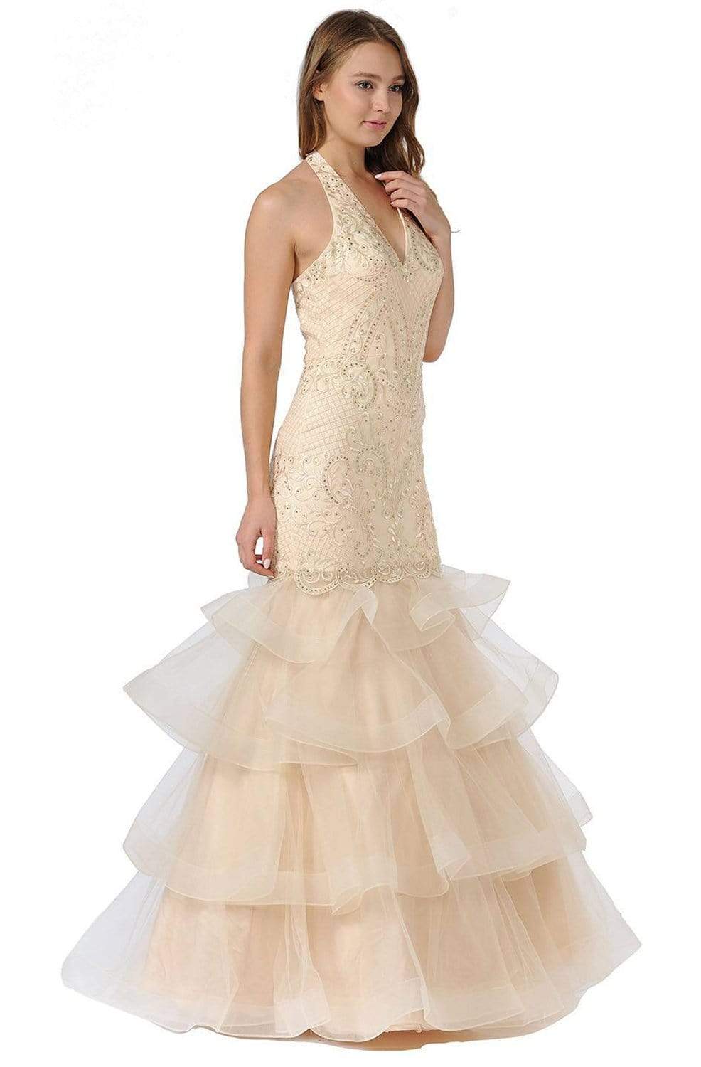 Image of Poly USA - 8466 Embroidered Plunging Halter Trumpet Dress