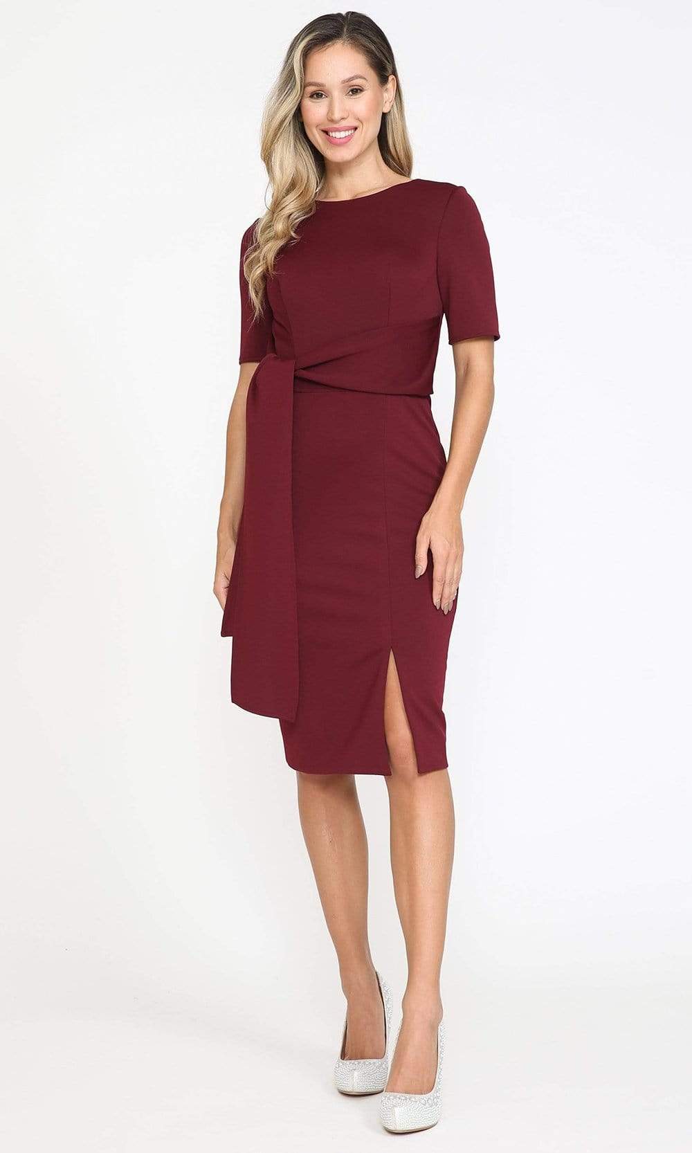 Image of Poly USA - 8524 Short Sleeve Tie Waist Sheath Dress