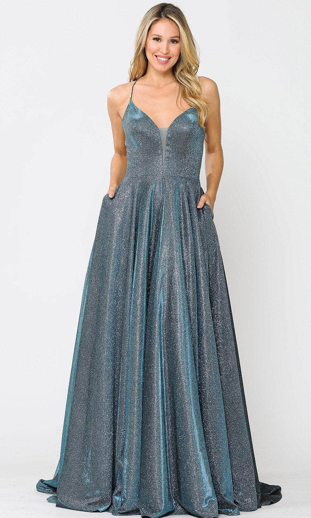 Image of Poly USA 8556 - Glittered Deep V-neck A-Line Gown