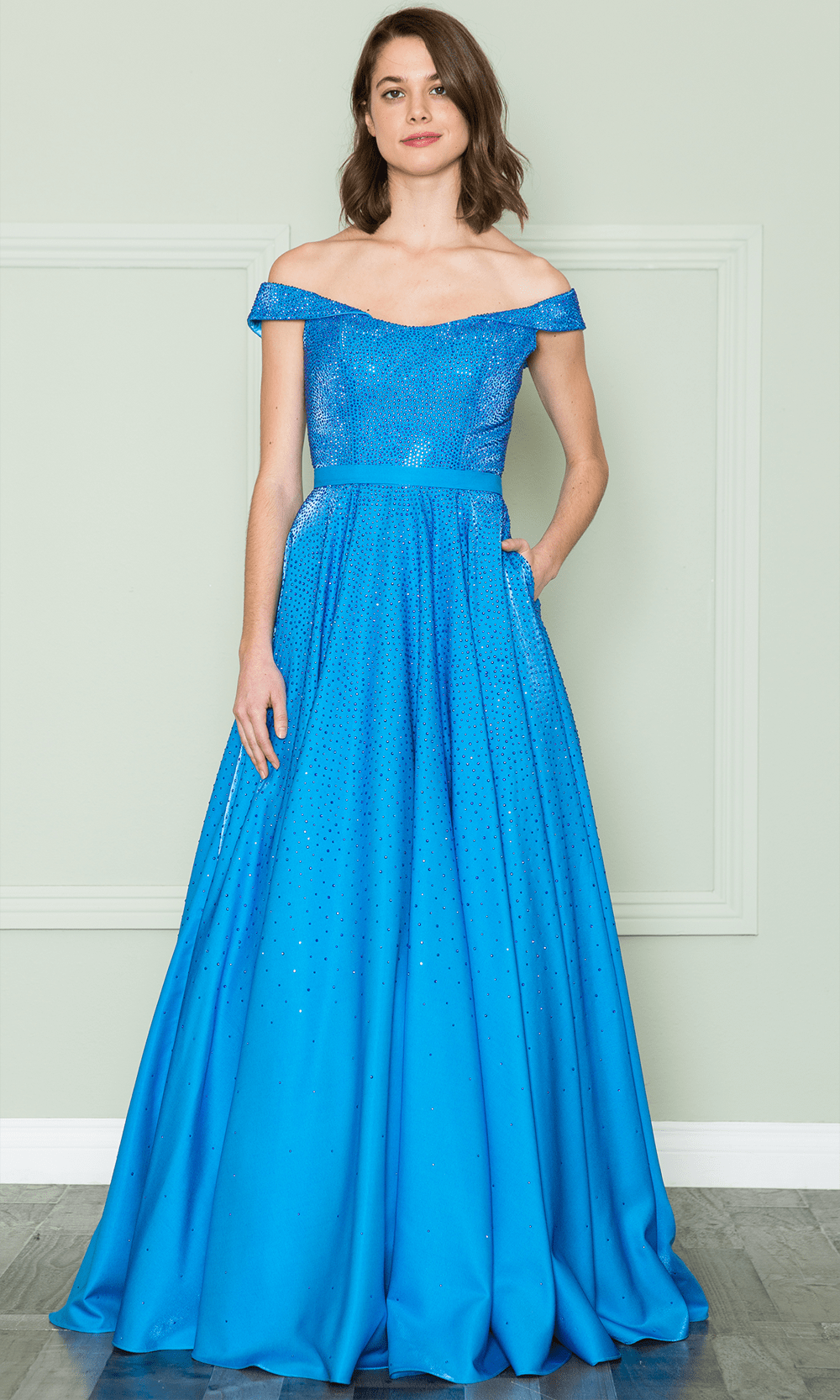 Image of Poly USA 8890 - Off Shoulder Iridescent A-Line Gown