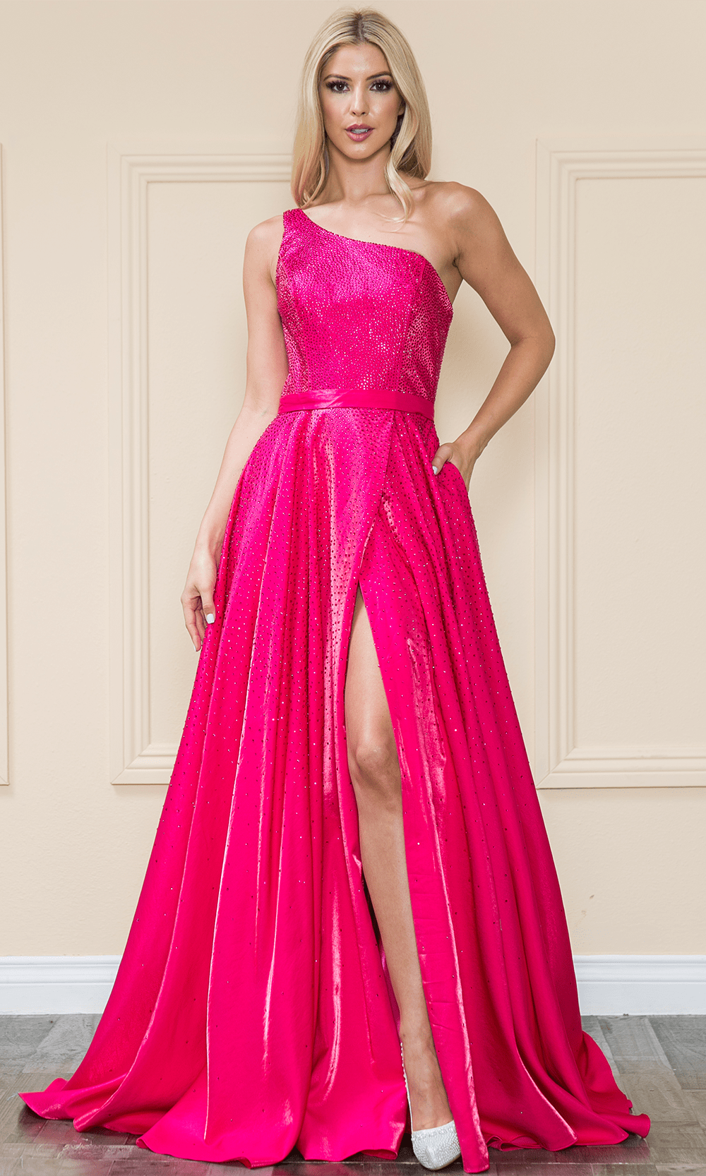 Image of Poly USA 8920 - Beaded Asymmetrical Neck Long Gown