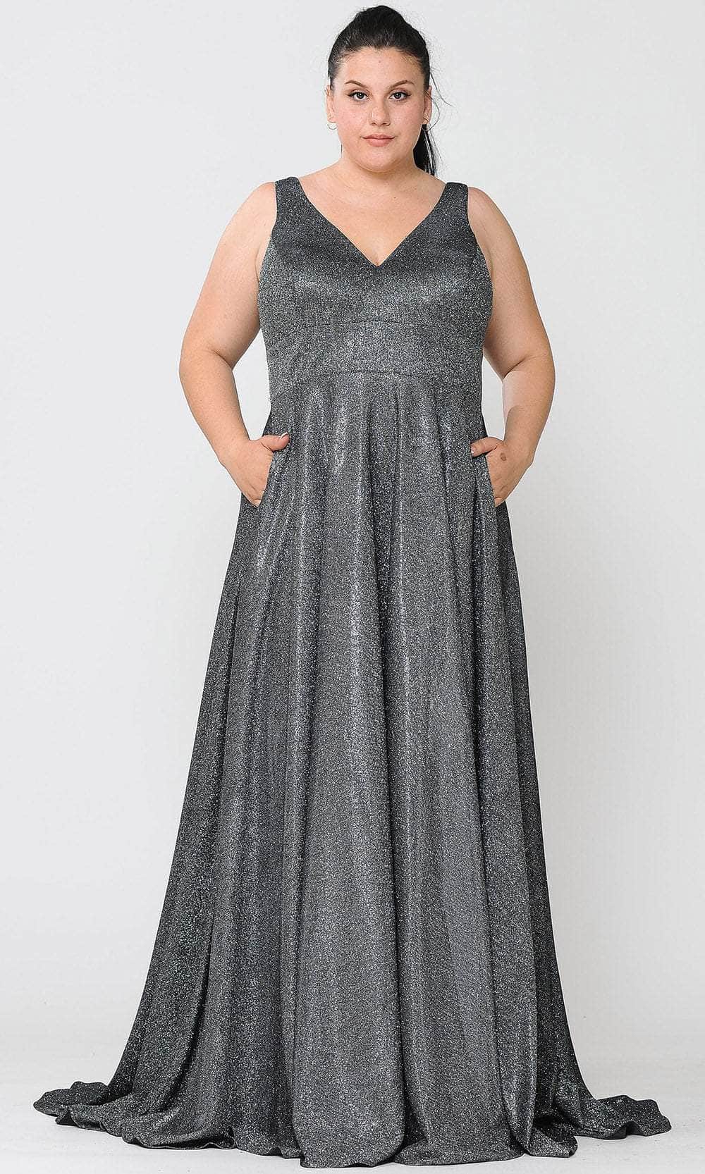 Image of Poly USA W1036 - Plunging Neckline Metallic Glittered Dress