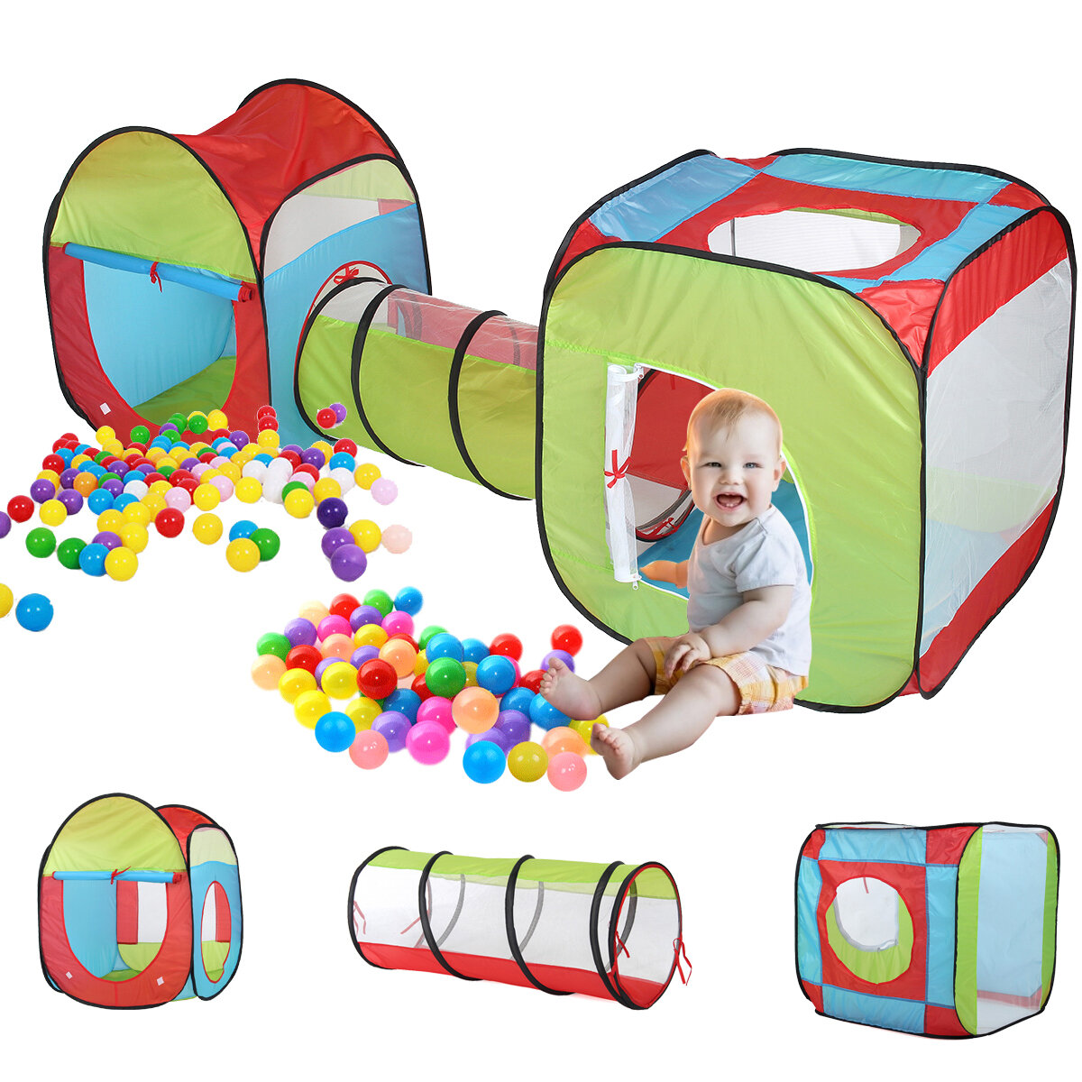 Image of Portable 3 in 1 Childrens Baby Kids Play Tent Toddlers Tunnel Ball Pit Set Children Baby Cubby Playhouse