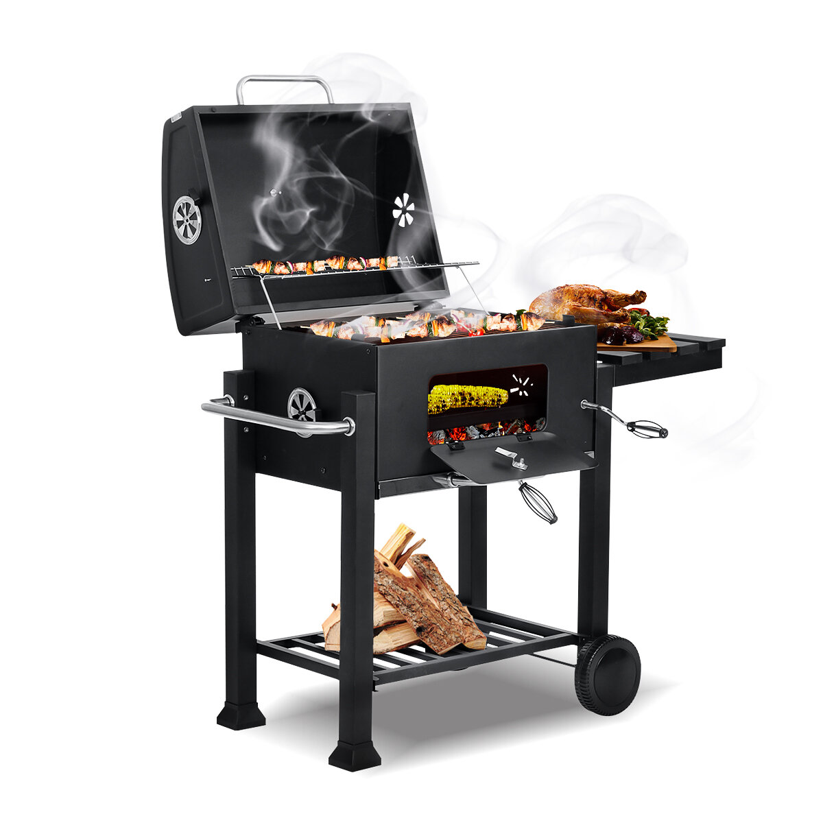 Image of Portable BBQ Barbecue Grill Trolley Garden Patio Outdoor Charcoal Smoker