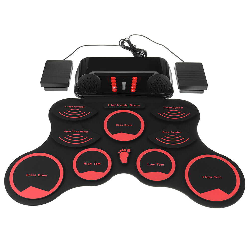 Image of Portable Roll Up Electronic Drum Kit 9 Silicon Pads Built-in Speakers with Drumsticks Sustain Pedal Support USB MIDI