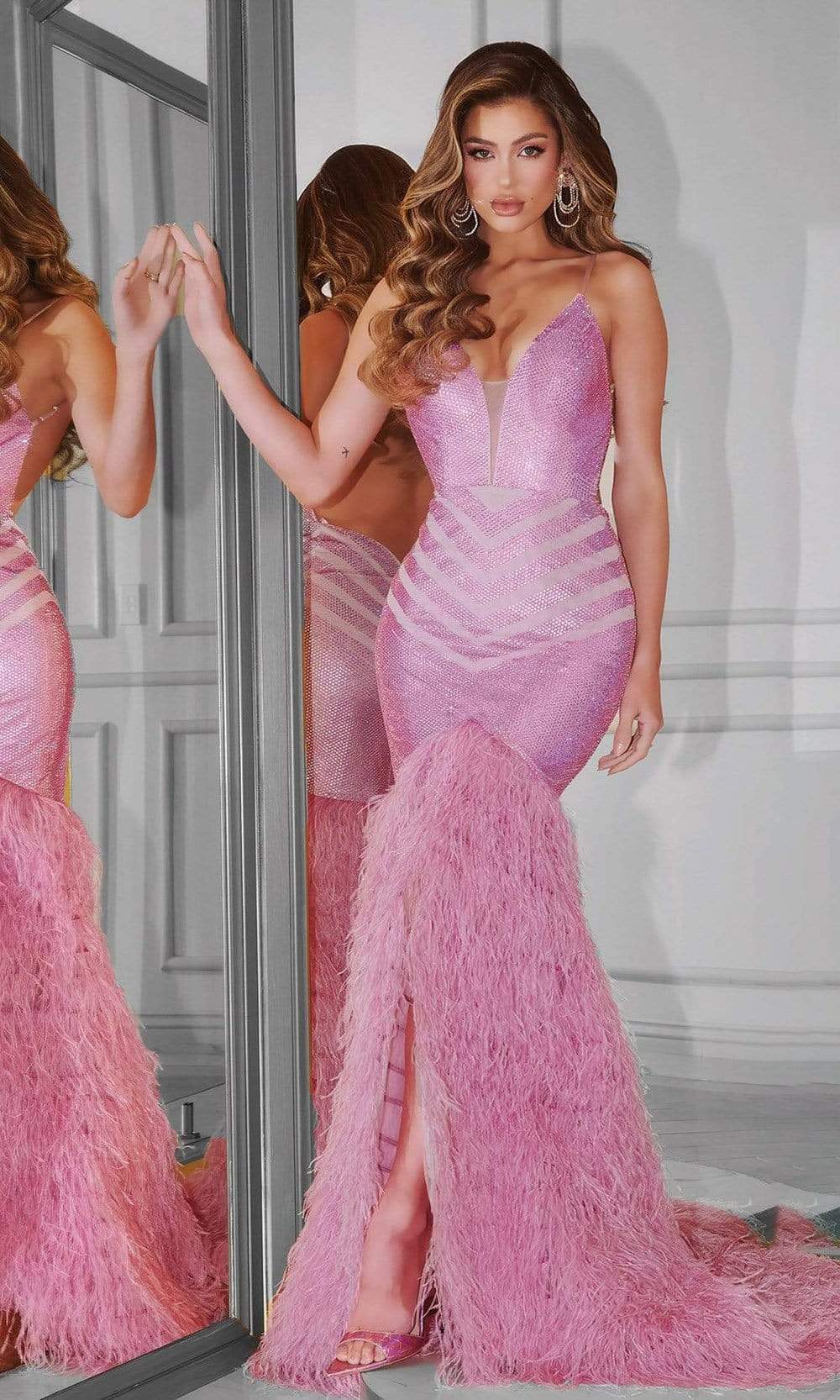 Image of Portia and Scarlett - PS22336 Sequined Feather Fringed Mermaid Gown