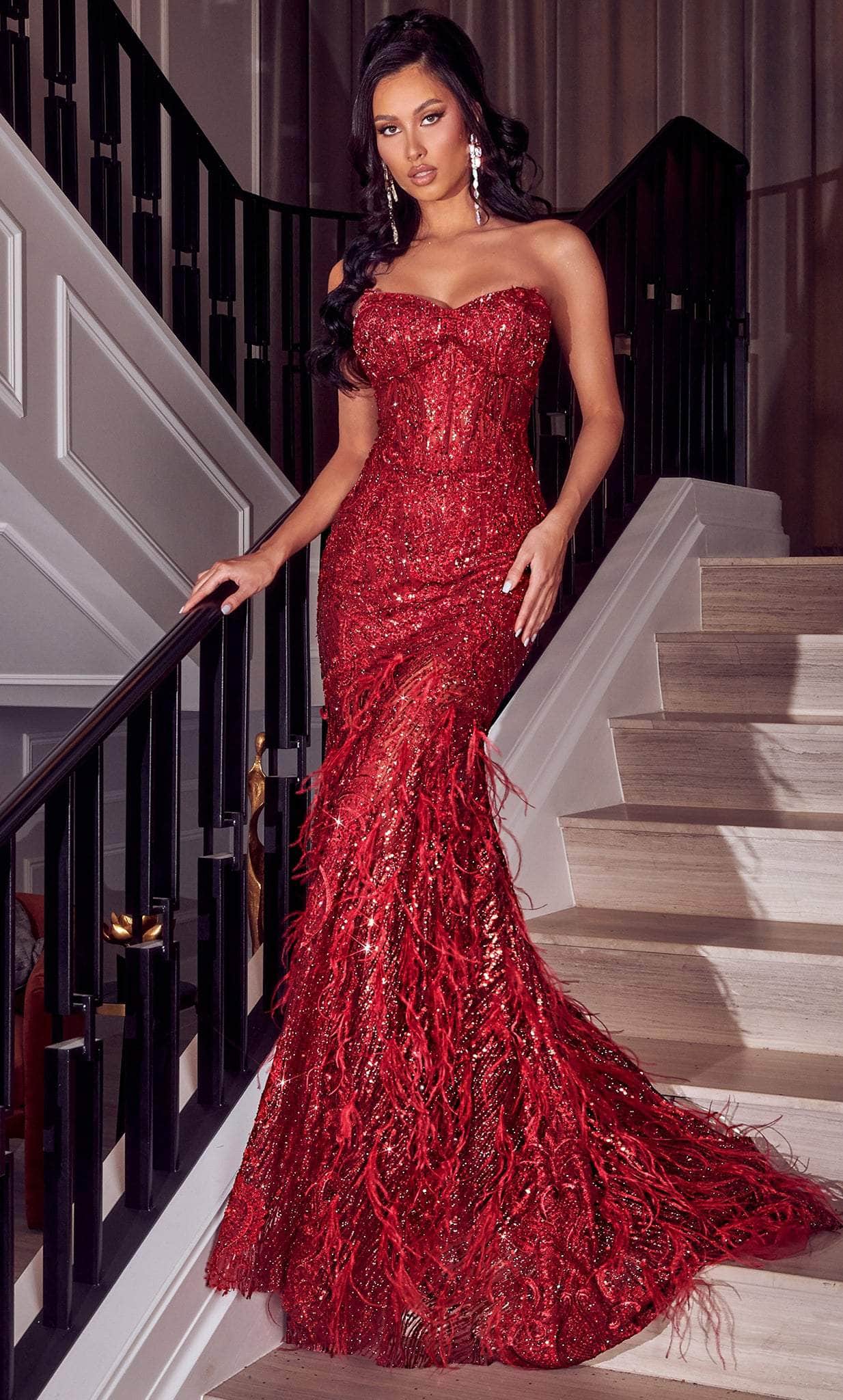 Image of Portia and Scarlett PS23263 - Strapless Feather Trumpet Evening Gown