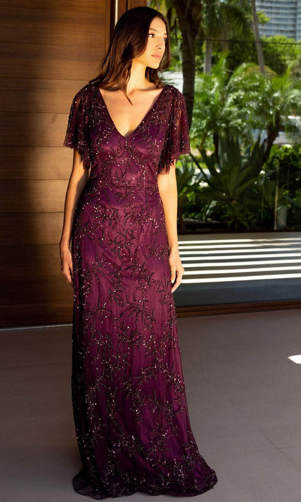 Image of Primavera Couture 13124 - Beaded Flutter Sleeve Evening Dress
