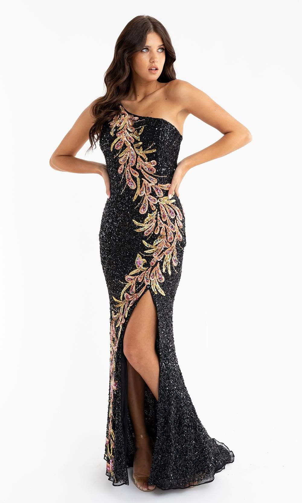 Image of Primavera Couture - 3753 Trailing Petals Fully Sequined One Shoulder Long Gown
