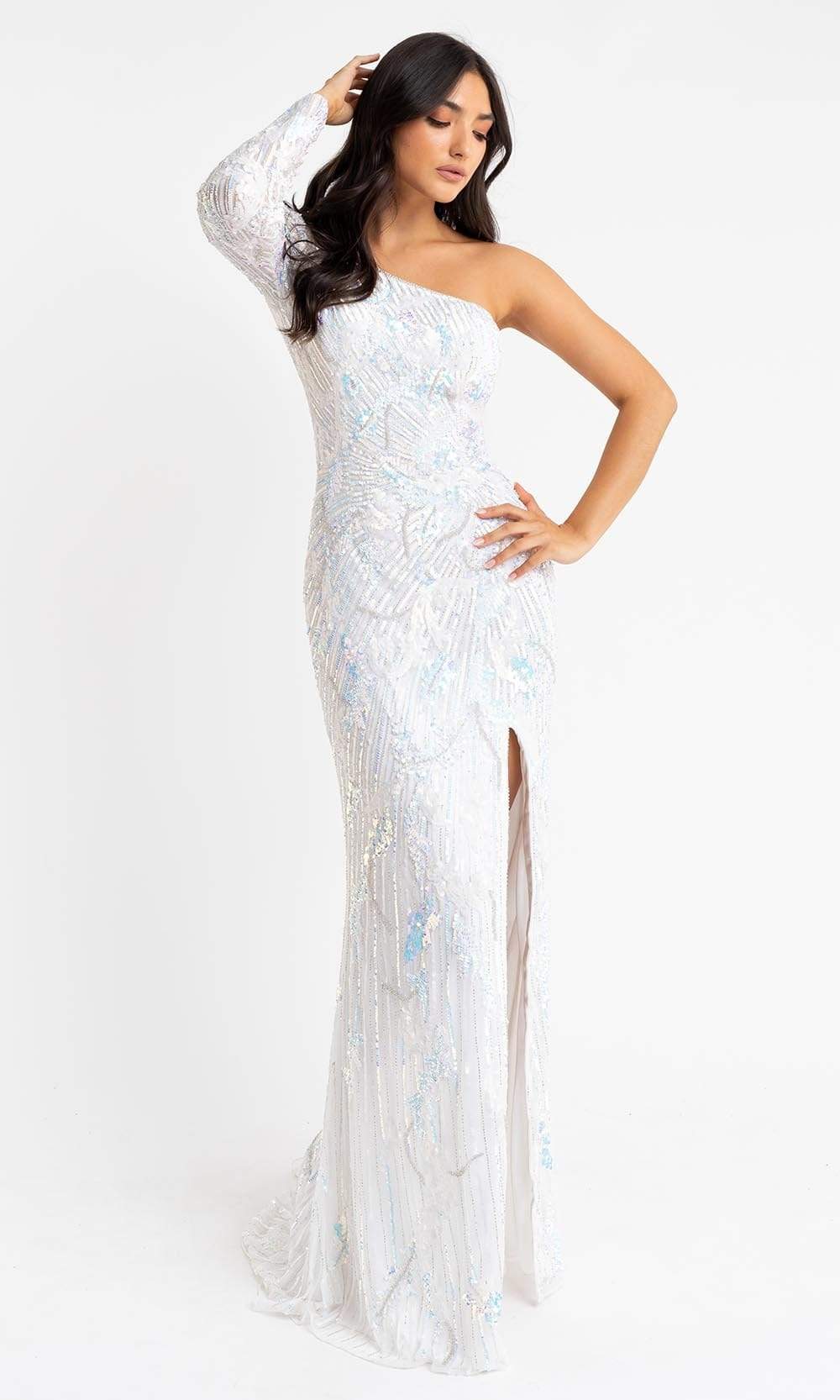 Image of Primavera Couture - 3759 Glamorous Fully Beaded One Shoulder Long Sleeve Evening Gown