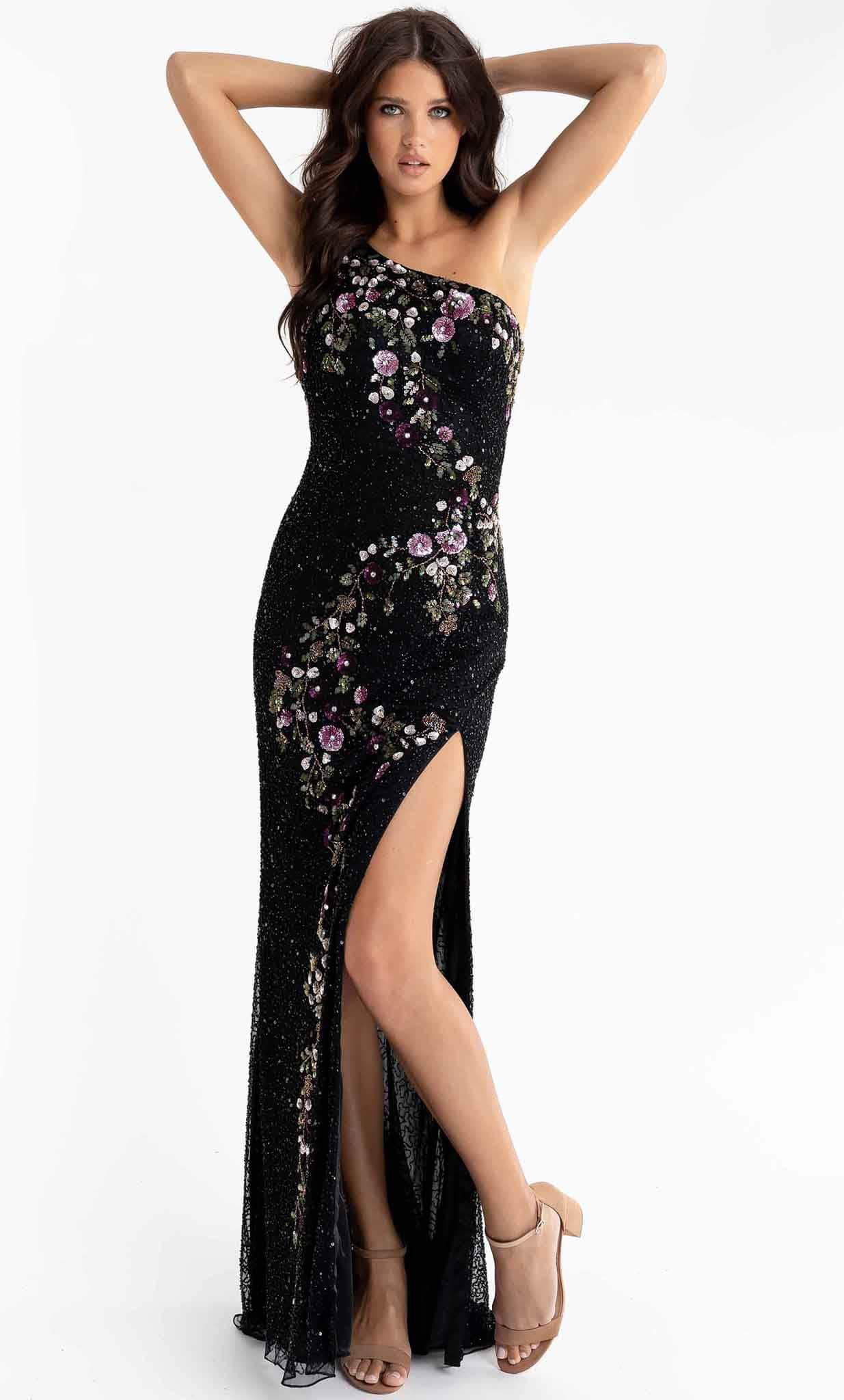 Image of Primavera Couture 3928 - Floral Beaded Asymmetric Prom Gown