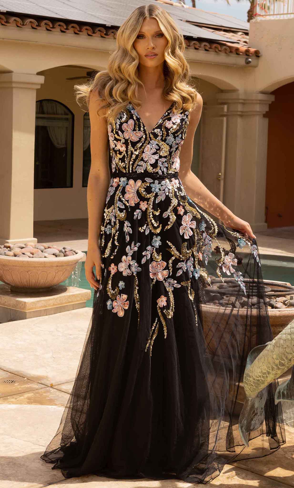 Image of Primavera Couture 3929 - Floral Patterned Embellished Tulle Gown