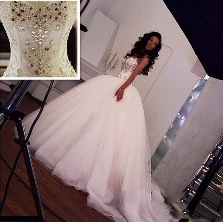 Image of Princess Puffy Wedding Dress Luxury Crystals Beads Sweetheart Backless Zipper Back Chapel Train Ball Gown Custom Bridal Dresses