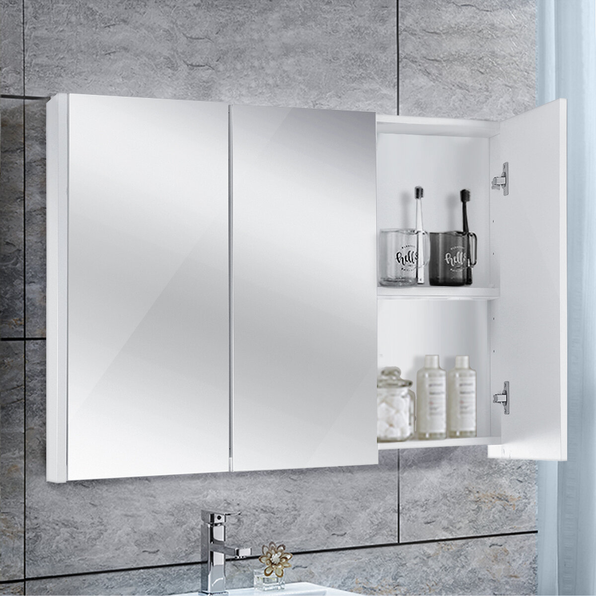 Image of Privmed 90x13x68cm Large Modern Bathroom Wall Cabinet with Mirror Door Organizer Storage Bath 3 Door Cabinet