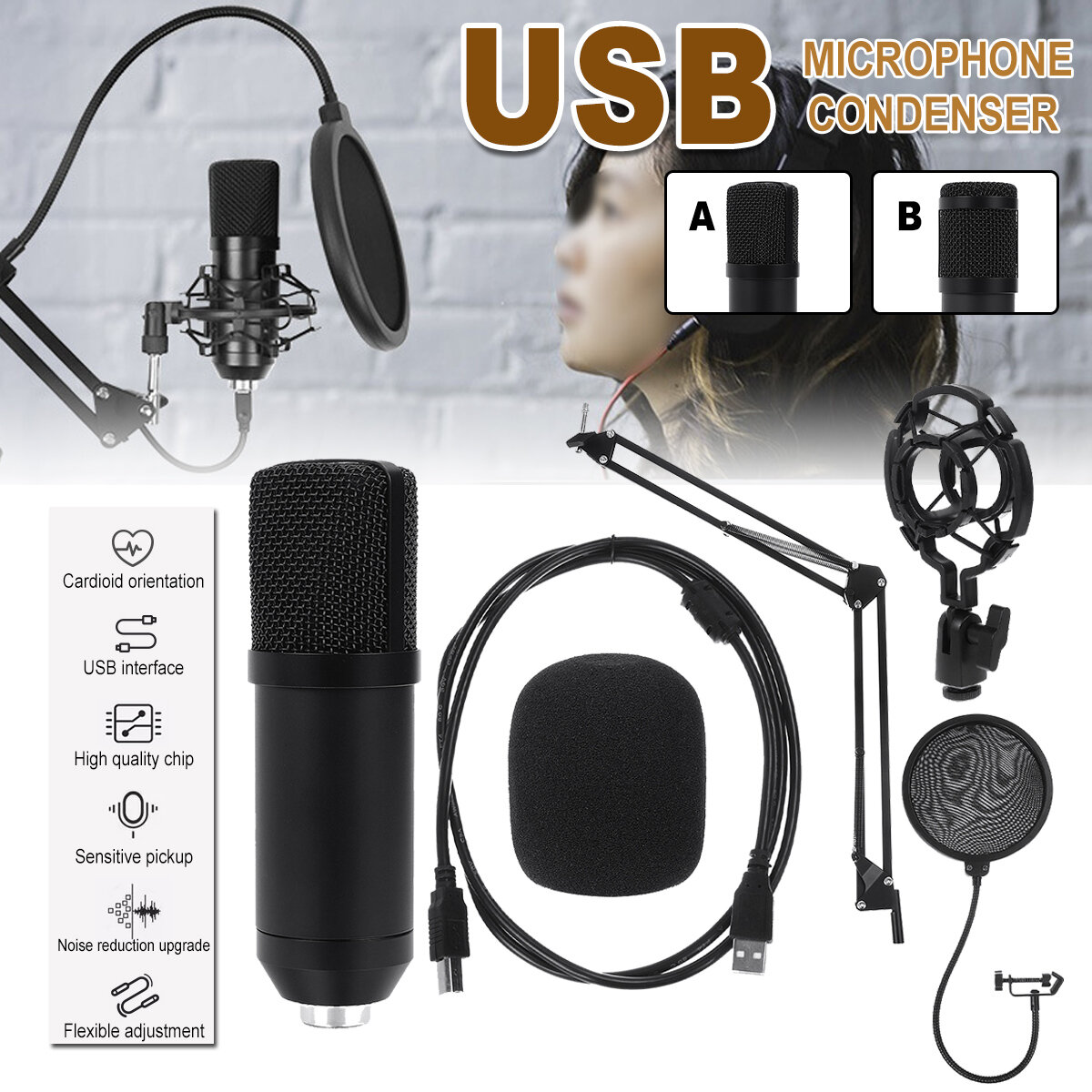 Image of Professional Intelligent Noise Reduction USB Condenser Microphone with Shock Mount