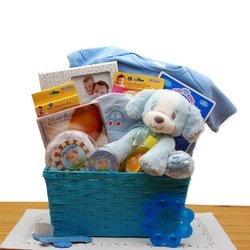 Image of Puppy Love New Baby Blue Gift Basket