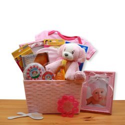 Image of Puppy Love New Baby Pink Gift Basket