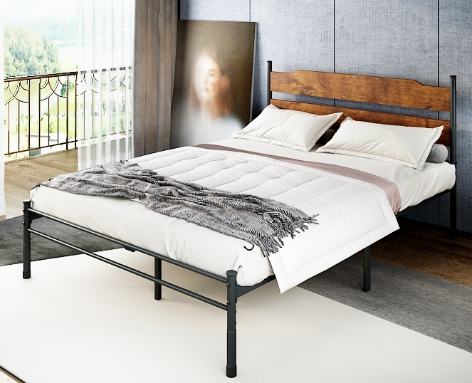 Image of Queen Bed Frame with Wooden Headboard 14 Inch Platform Bed Frame No Box Spring Needed Metal Queen Size Bed Frame with