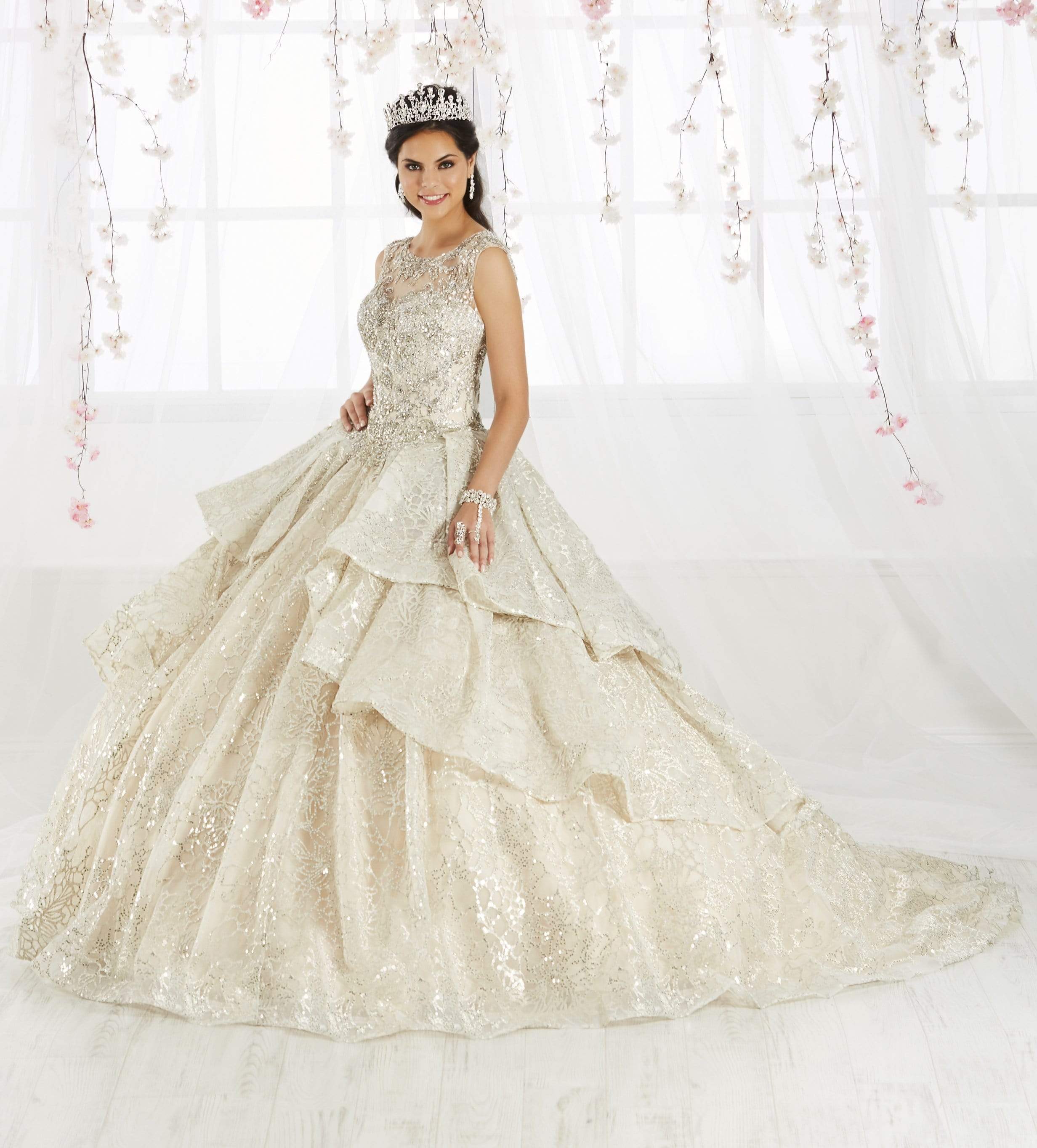 Image of Quinceanera Collection - 26910 Tiered Illusion Jewel Ballgown