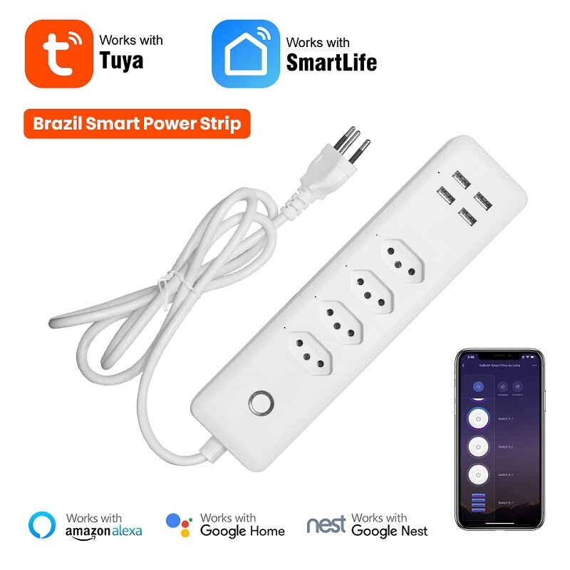 Image of RSH Tuya Brazil WiFi Smart Power Strip with 4 Outlets 4USB Ports 14m Extension Cord Voice works with Alexa Google Home