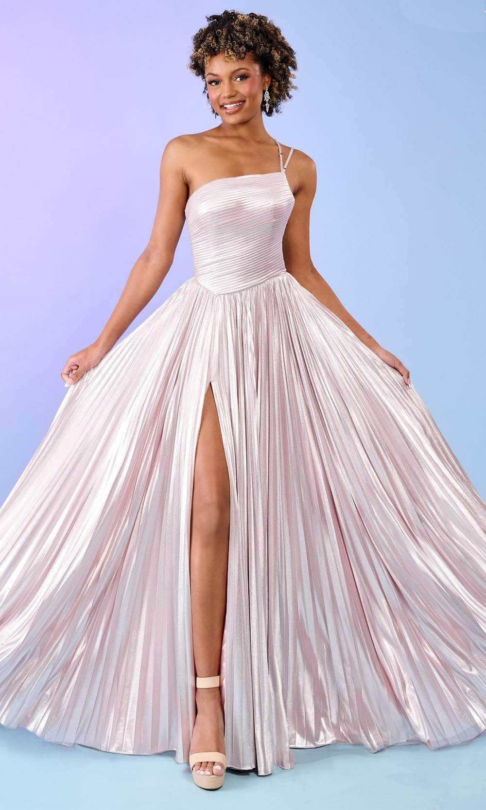 Image of Rachel Allan 70639 - Pleated Metallic Asymmetric Prom Gown