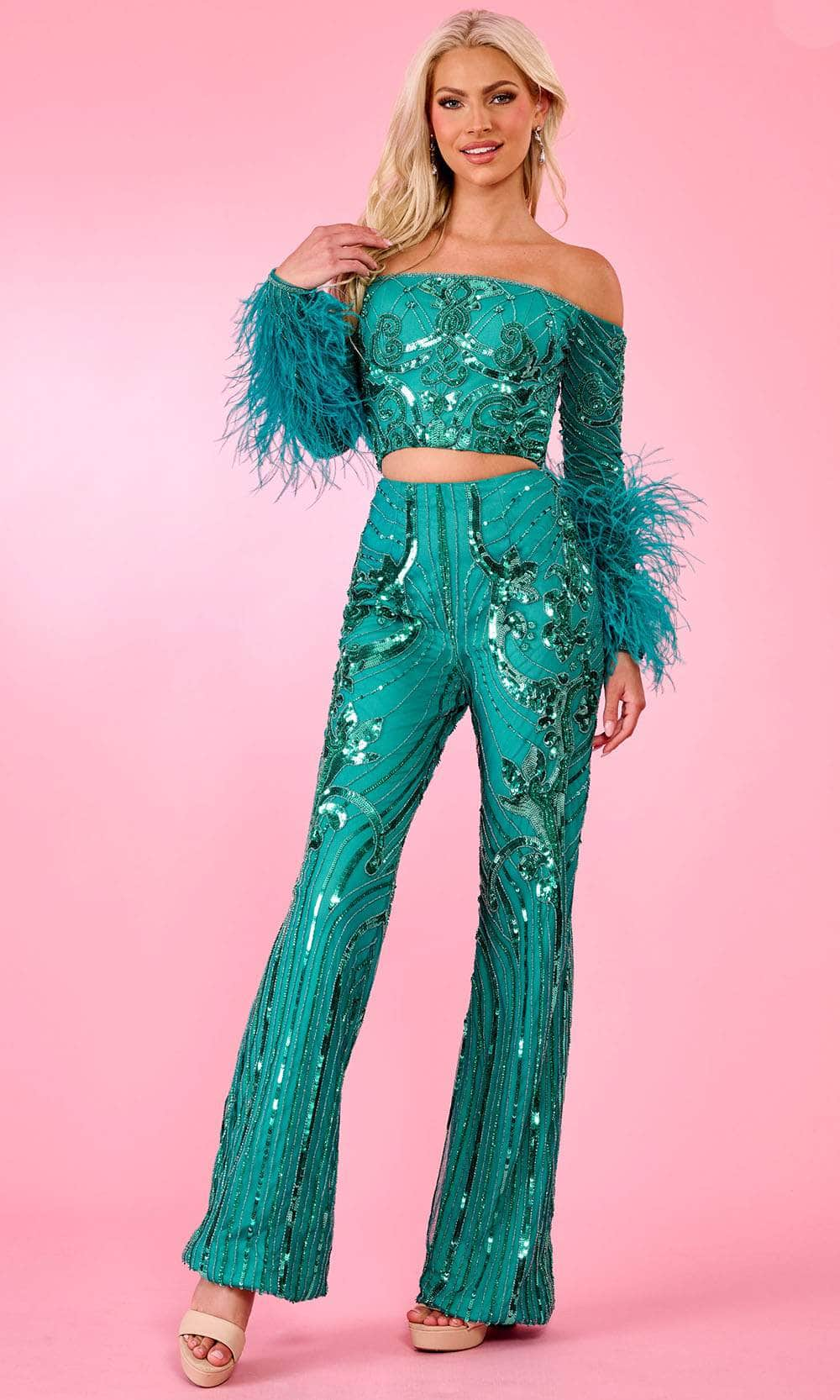 Image of Rachel Allan 70670 - Feathered Long Sleeves Jumpsuit