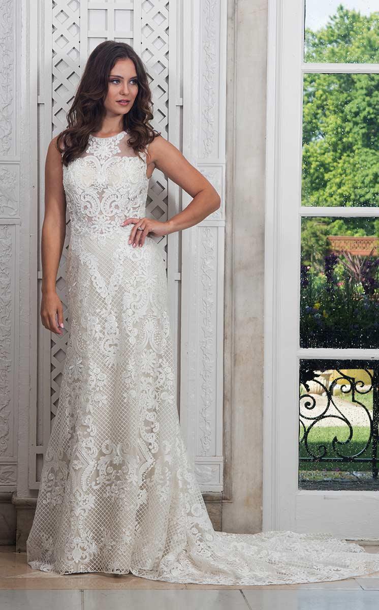 Image of Rachel Allan Bridal - M609 Lace Jewel Neck Sheath Dress With Train