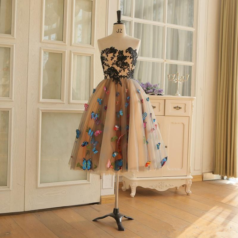 Image of Real Images Homecoming Knee Length Prom Dresses Colorful Butterfly Sweetheart Lace Appliques Cocktail Party Up Back
