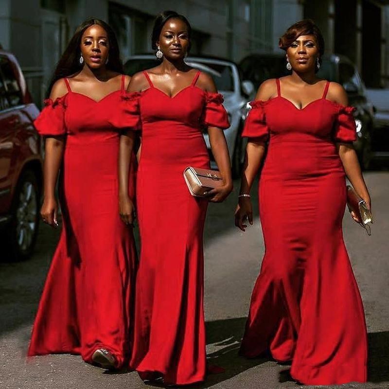 Image of Red Long Bridesmaid Dresses For Wedding Party New African Plus Size Spaghetti Off Shoulder Sexy Mermaid Satin Maid Of Honor Gowns
