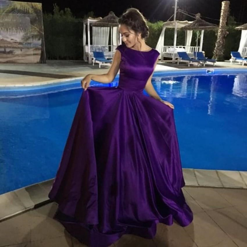 Image of Regency Purple Satin Ball Gown Prom Dresses Scoop Cap Sleeves Simple Backless Formal Gowns Special Occasion vestidos de novia