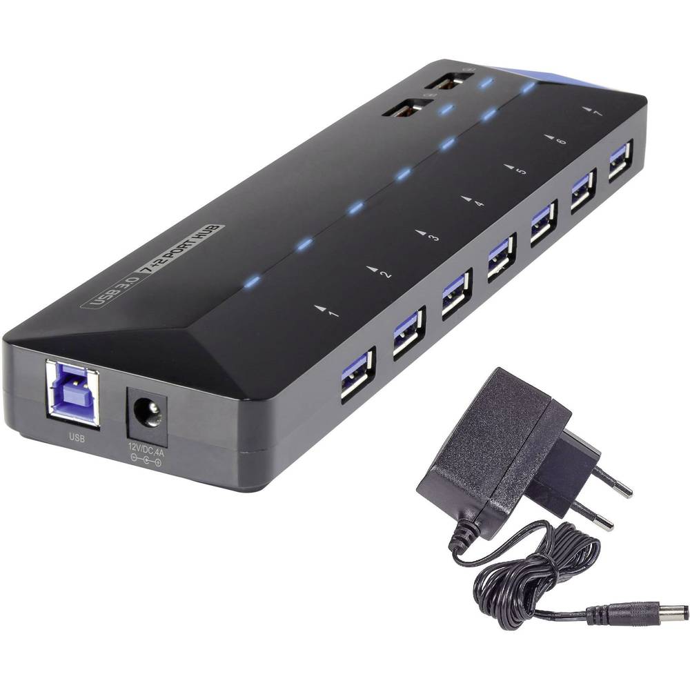 Image of Renkforce 7+2 ports USB 32 1st Gen (USB 30) hub + quick-charge port + LED indicator lights Black