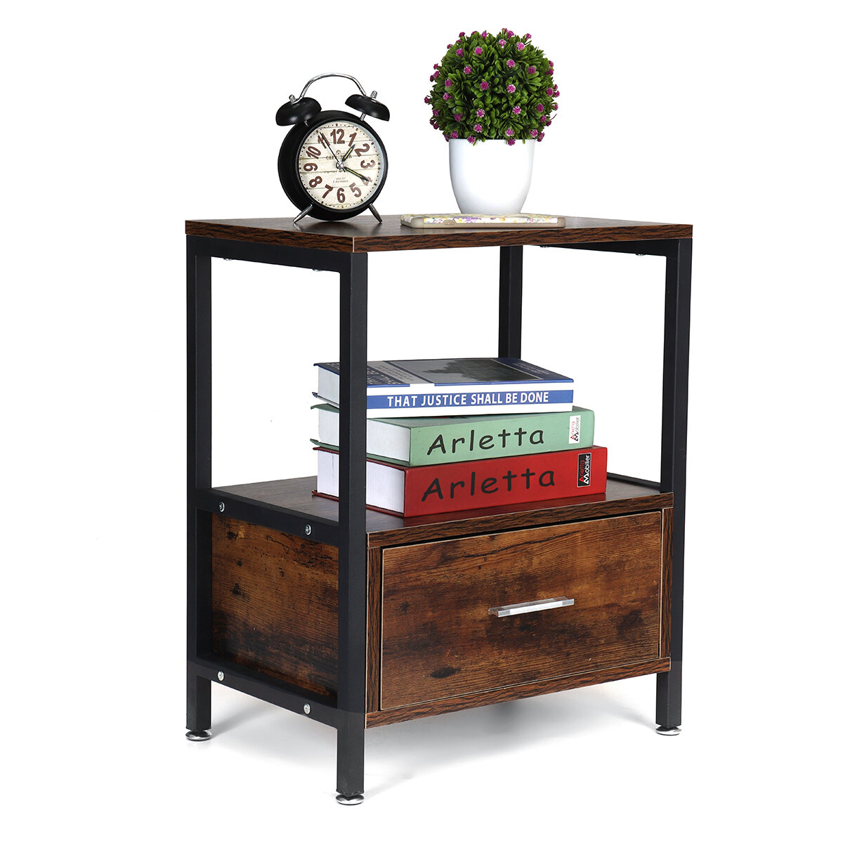 Image of Retro Nightstand Bedside End Table Storage With Cabinet Drawer for Bedroom Living Room