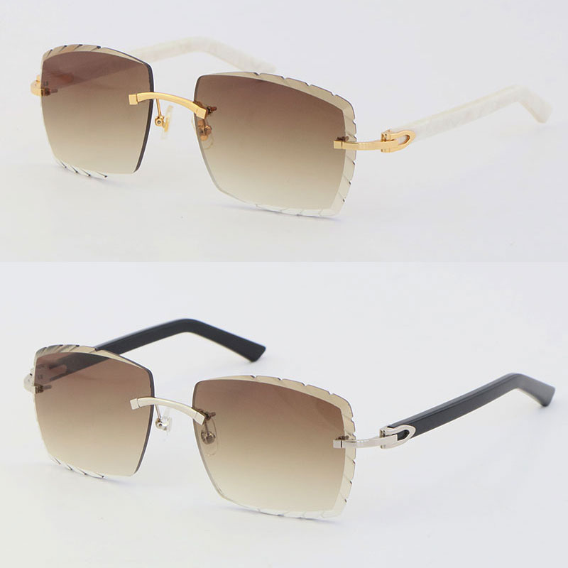 Image of Rimless Man Woman Frames 3524012-A Original Marble White Plank Sunglasses Fashion High Quality Carved lenses Glass Unisex 18K Gold Metal Fra