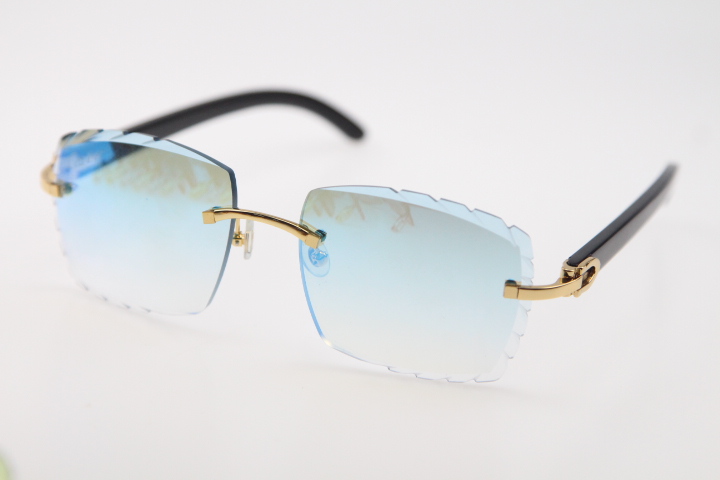 Image of Rimless diamond cut 3524012-A Original Black Buffalo Horn Sunglasses Fashion High Quality Carved lenses Multi Glasses Unisex gold metal frame