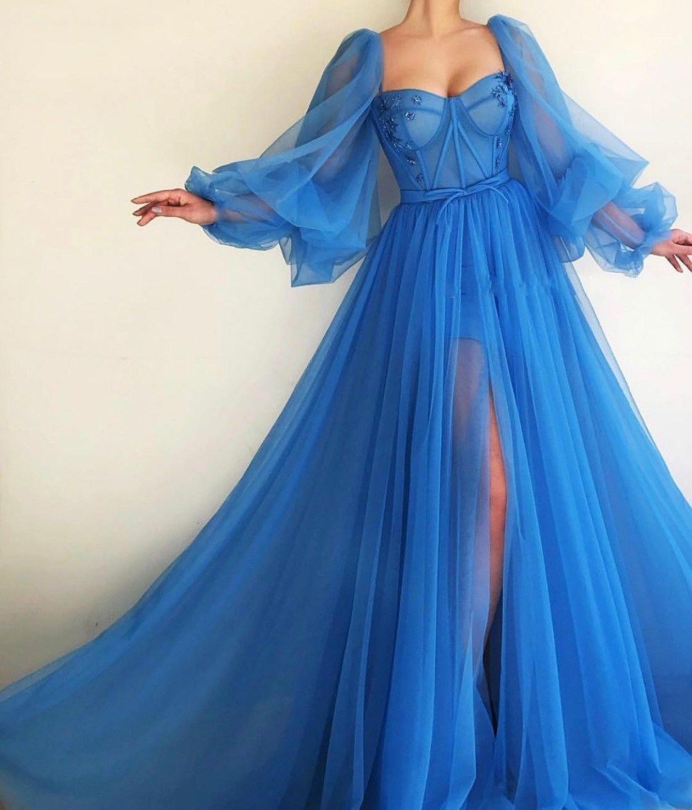 Image of Romantic Blue Muslim Evening Dresses A-line Sweetheart Long Sleeves Tulle Islamic Dubai Saudi Arabic Gown Prom