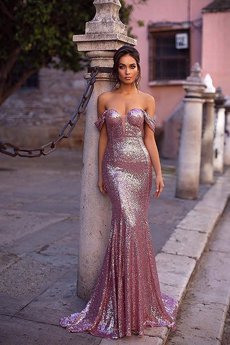 Image of Rose Dress Gold Mermaid Sequin Prom Evening Gowns Off The Shoulder Cocktail Party for Bride Cap Sleeves Pageant Plus Size