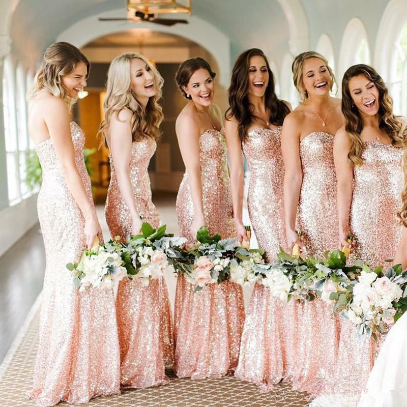 Image of Rose Gold Sequins Mermaid Bridesmaid Dresses Custom Made Sweetheart Long Wedding Guest Dress Evening Party Gowns